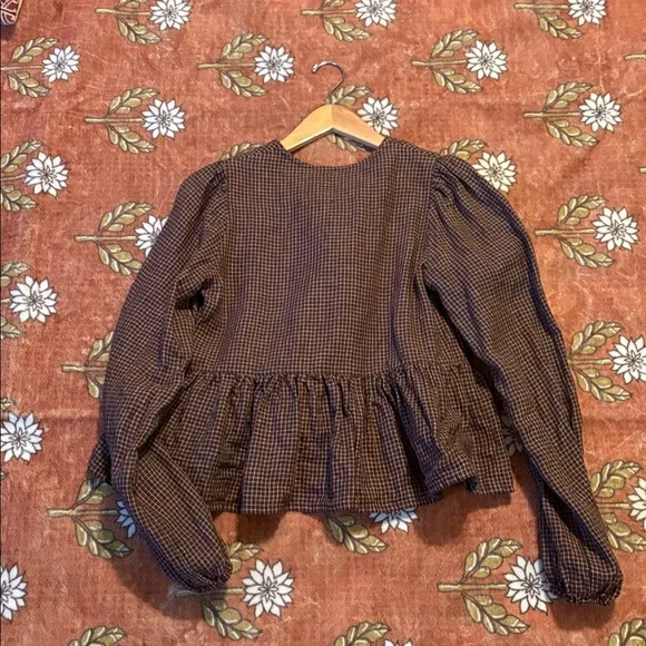 notPERFECTlinen Lourdes Top Chocolate Check S/M Women's Top - Picture 6 of 7